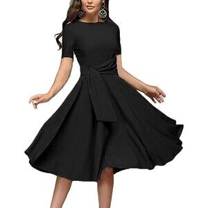 Fenjar Knee Length Flared Dress Size XL Short Sleeve Tie Waist Black NWT B55